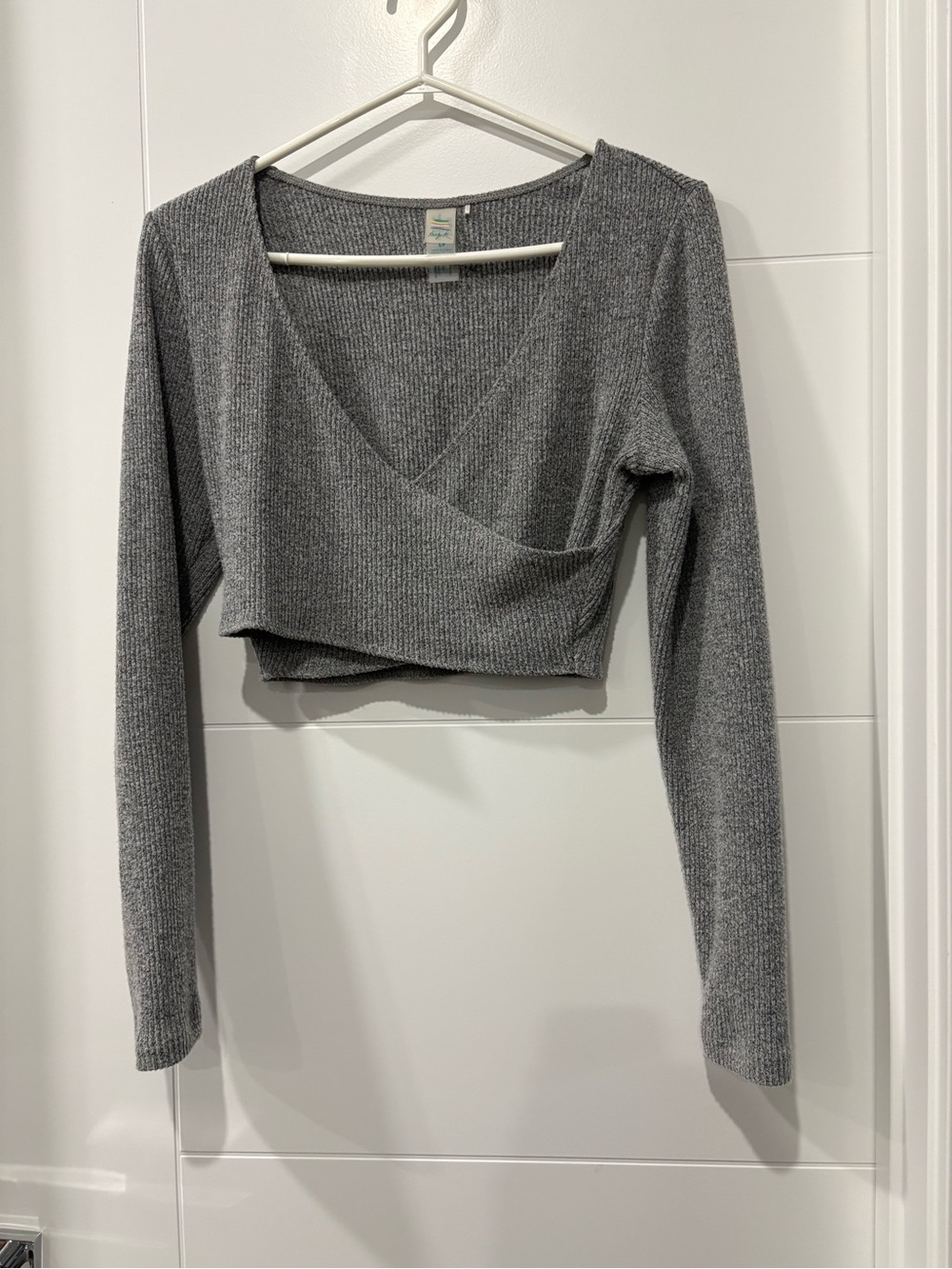 Ribbed Gray Wrap-Front Cropped Top - Women